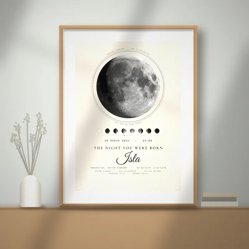 Ivory personalised moon phase print in a frame on a living room wall